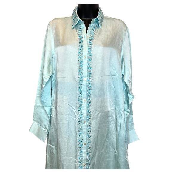 Bella Tu embellished 54" Kara caftan linen blend shirtdress size M $415 NWT - Picture 5 of 16